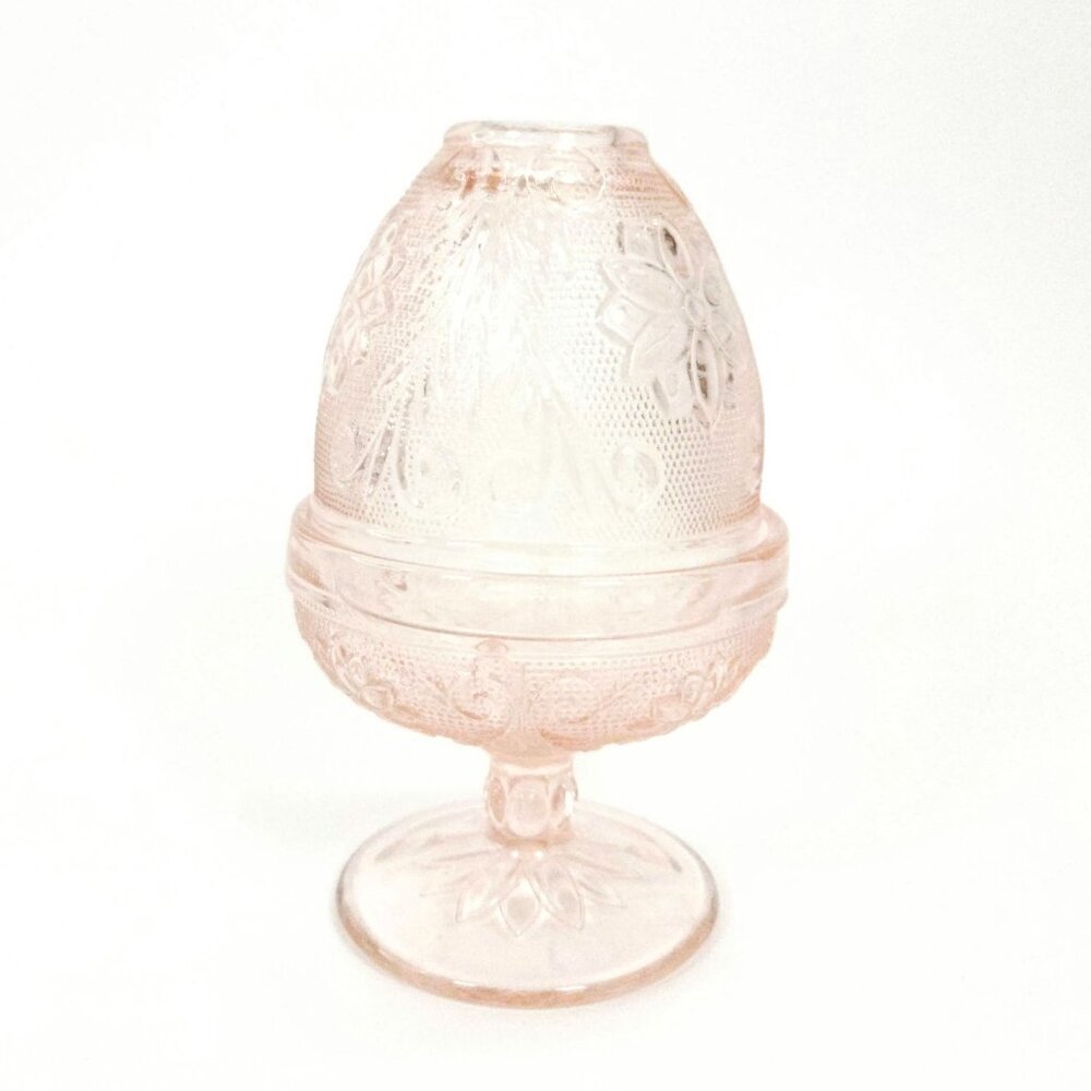 Vintage Indiana Glass Pink Fairy Lamp With Embossed Floral Design